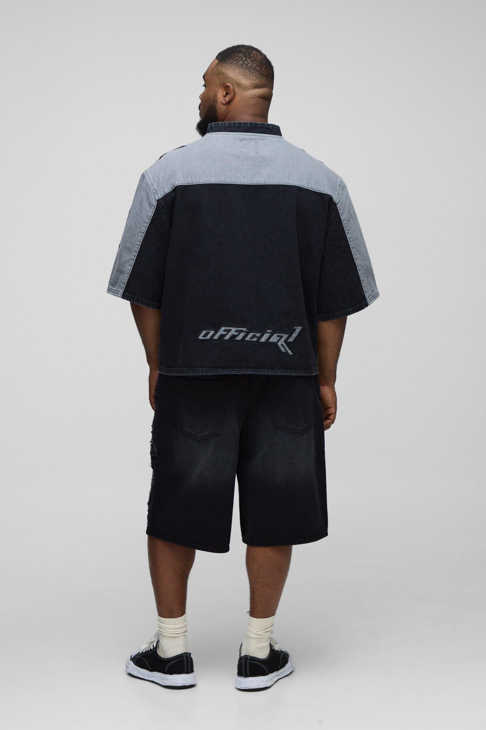 Plus Oversized Embroidery Football Denim T-Shirt | boohooMAN USA Product Image