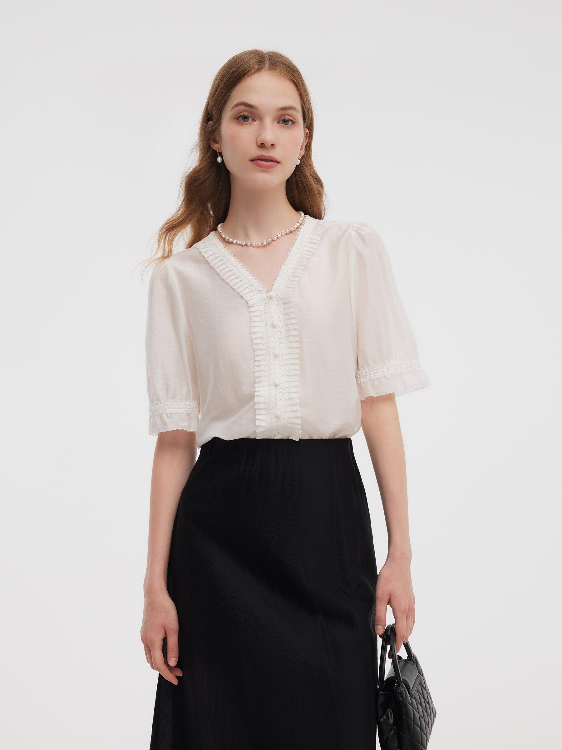 Tencel Blend V-Neck Women Blouse Product Image