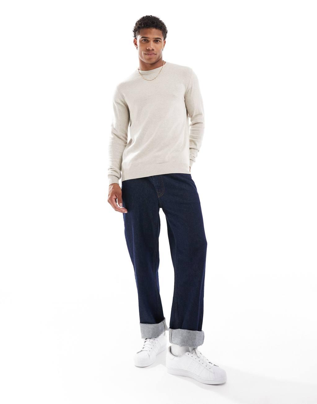 Jack & Jones fine gauge crew neck sweater in beige Product Image