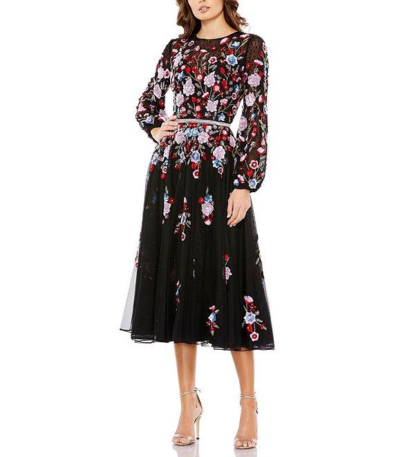 Mac Duggal Sequin Floral Print Jewel Neck Long Puffed Sleeve Midi Dress Product Image