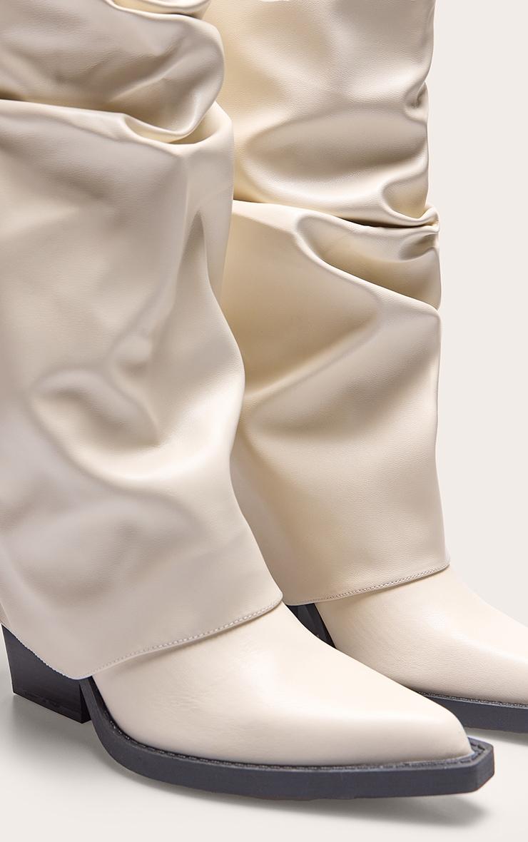 Cream Pu Point Toe Fold Over Block Heel Knee High Boots Product Image