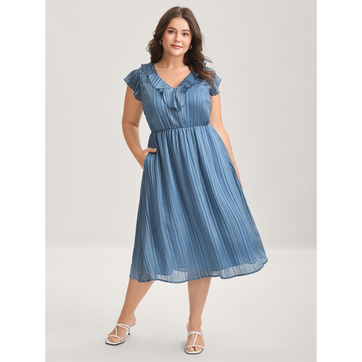 Plus Size Textured Stripe Ruffled Neck Midi Dress Stone Women V-neck Cap Sleeve Curvy BloomChic 10/M Product Image