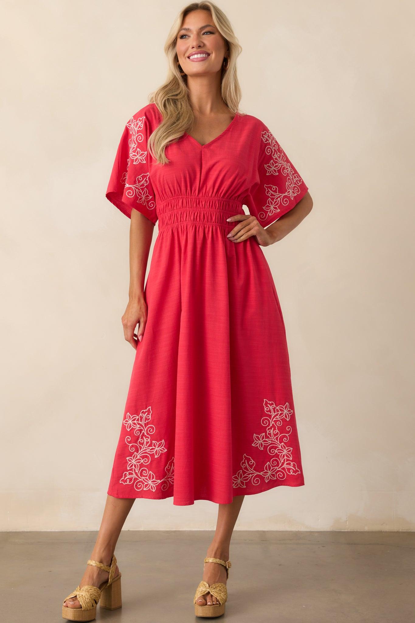 Finding Your Way Red Floral Embroidered Cotton Midi Dress Product Image
