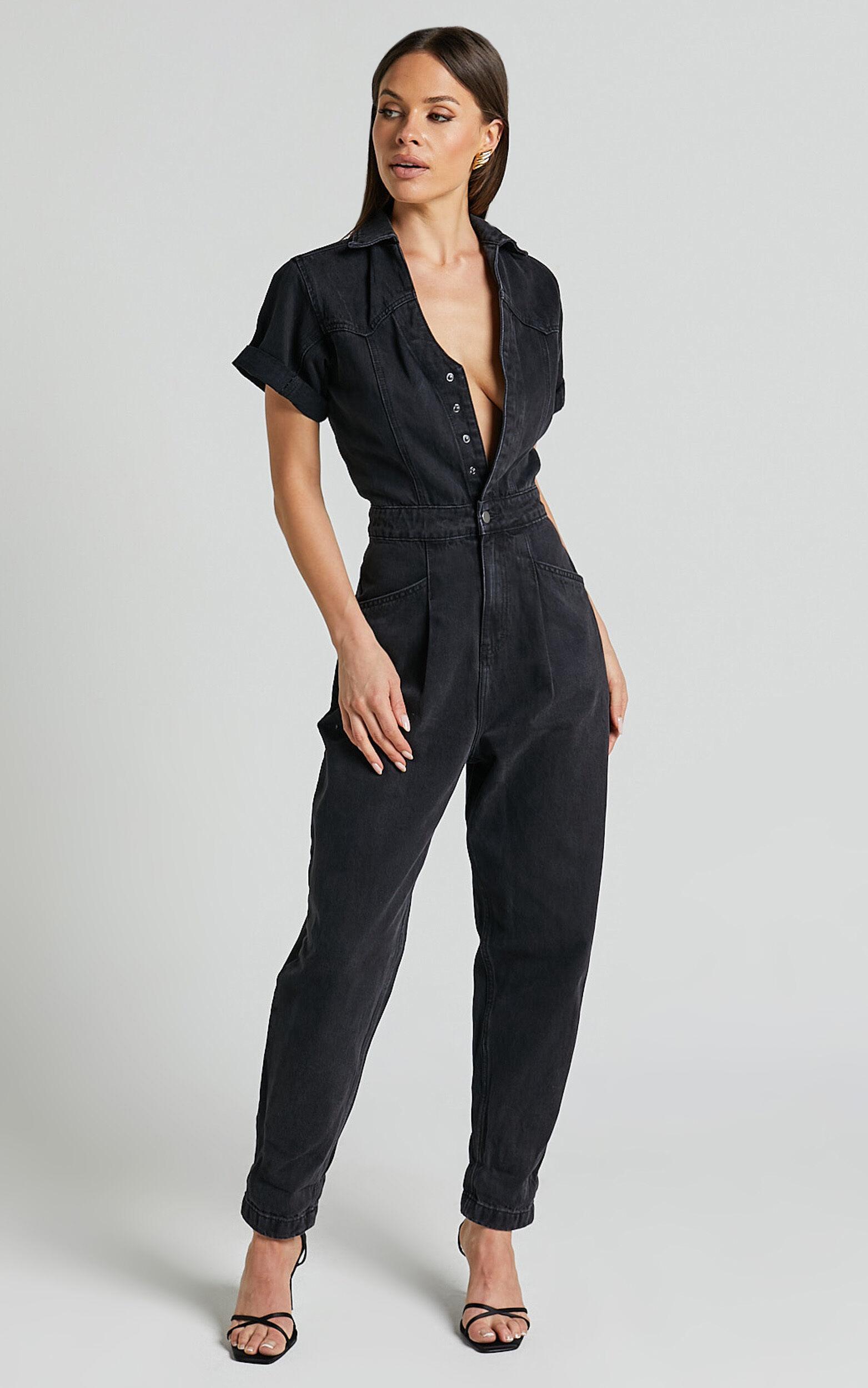 Jordyn Jumpsuit - Short Sleeve Collared Button Through Denim Jumpsuit in Black Wash Product Image