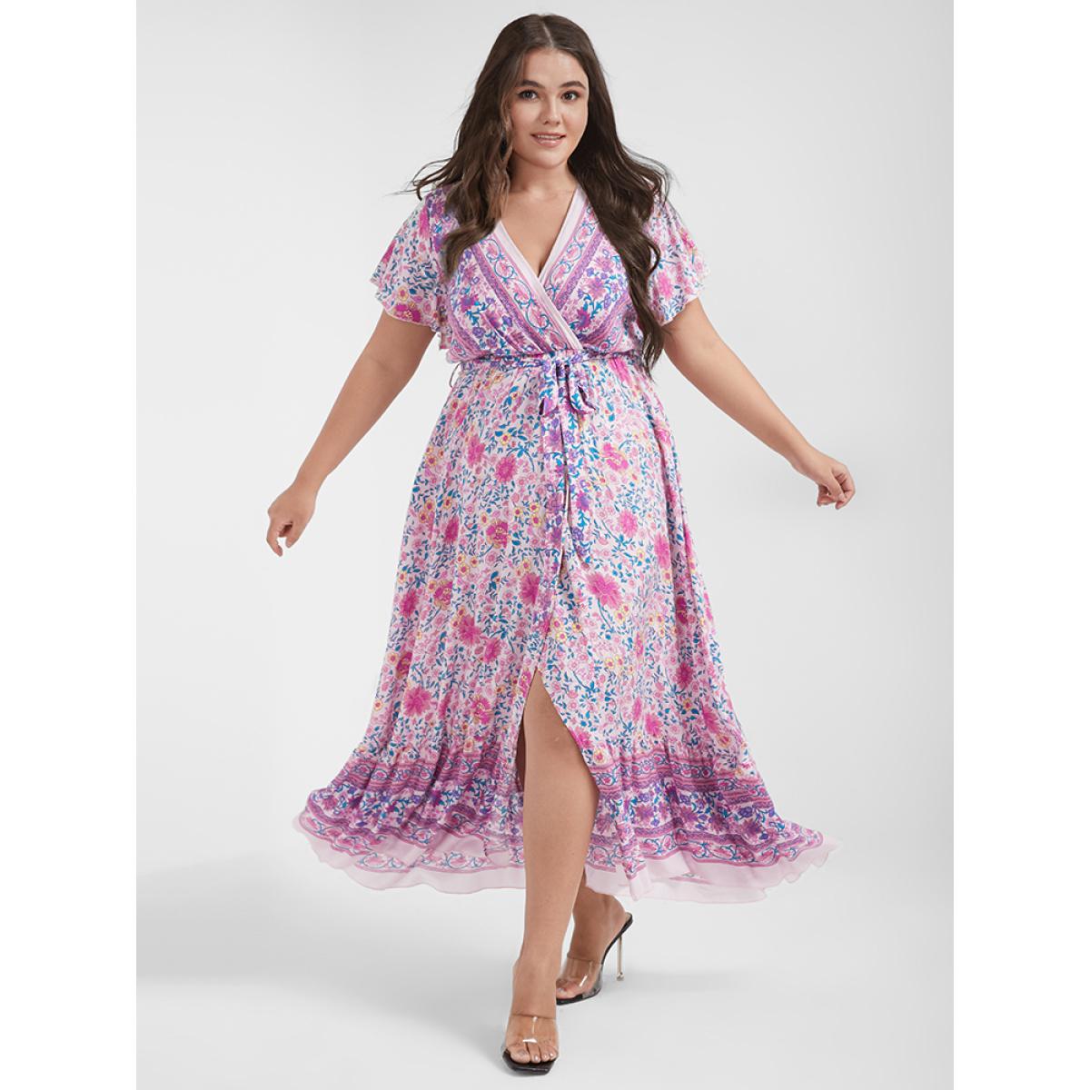 Boho Elegant Flutter Plus Size Women Midi Dress Vacation Bohemian Print Ties Bodycon Ruffle Sleeve Short Sleeve V Neck Belt Dailywear Long Dress BloomChic Product Image