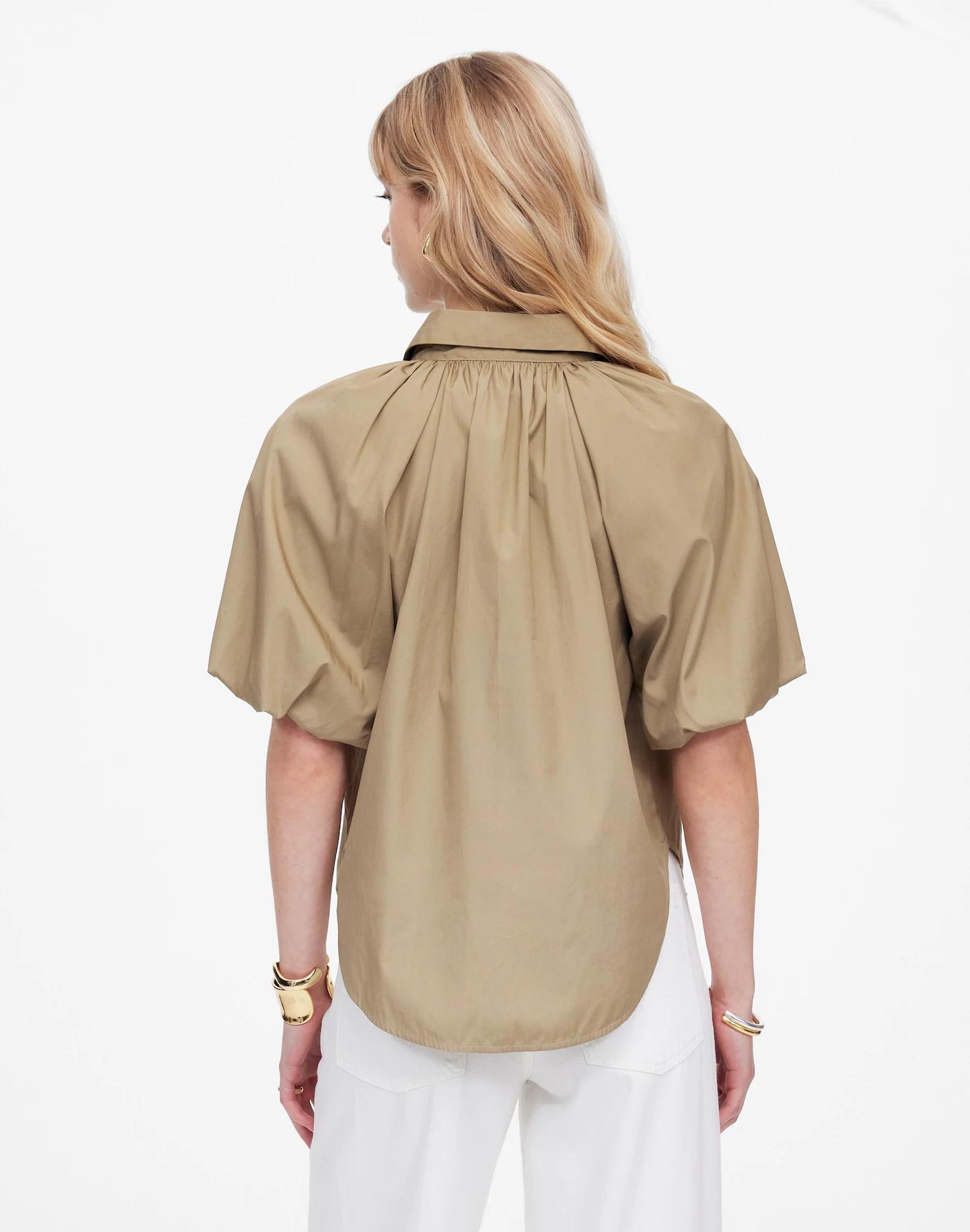 Shirred Bubble-Sleeve Button-Up Shirt Product Image