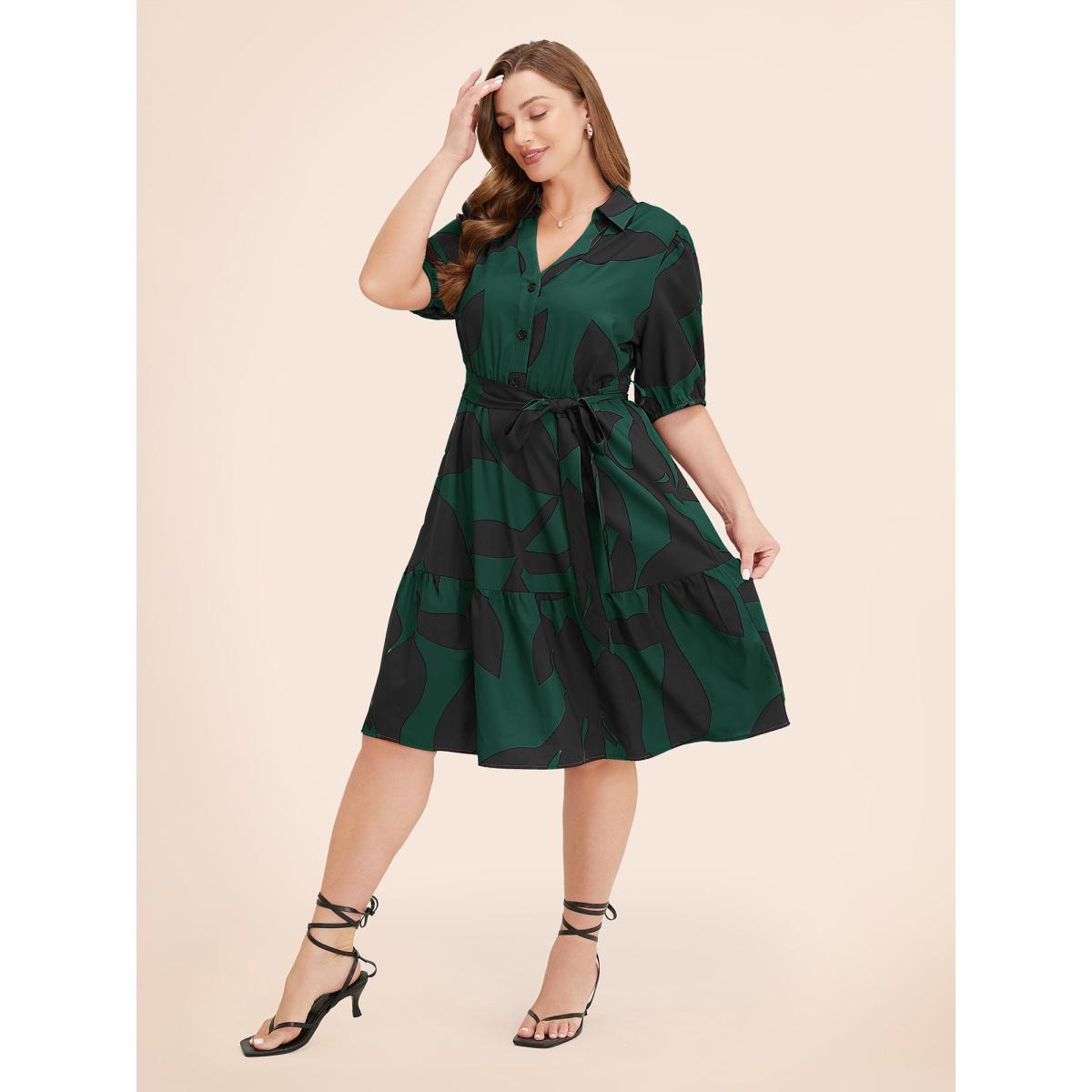 Plus Size Plant Pocket Puff Sleeve Belt Ruffle Hem Button Up Dress DarkGreen Women Office Belted Shirt collar Short sleeve Curvy Knee Dress BloomChic 22-24/3X Product Image
