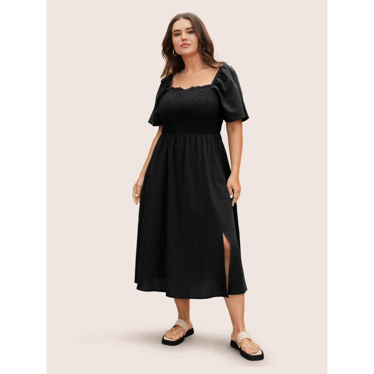 Plus Size Cotton Square Neck Shirred Ruffle Sleeve Split Hem Dress Black Women Casual Gathered Square Neck Short sleeve Curvy BloomChic 22-24/3X Product Image