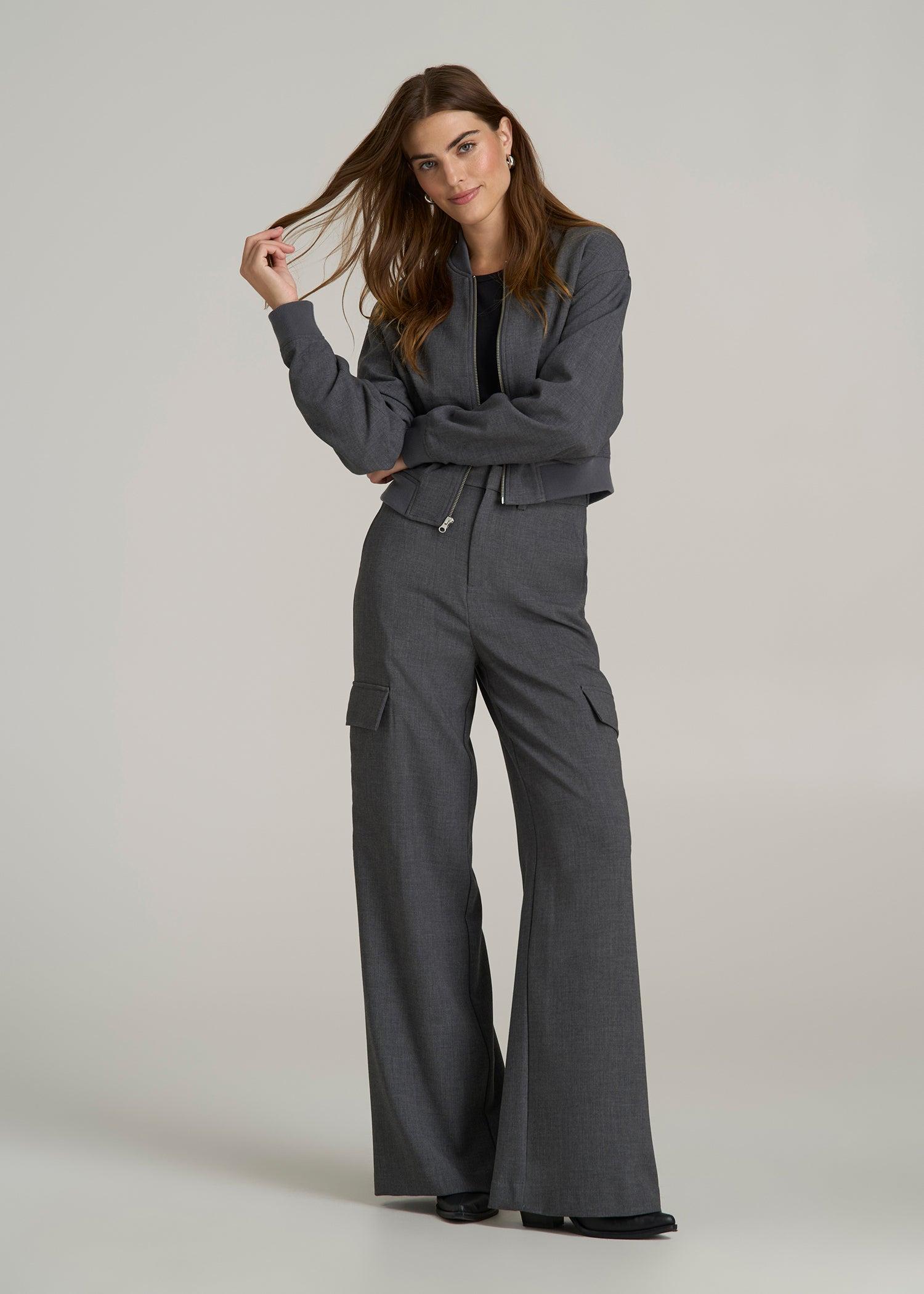 Cropped Bomber Jacket for Tall Women in Graphic Charcoal Female Product Image