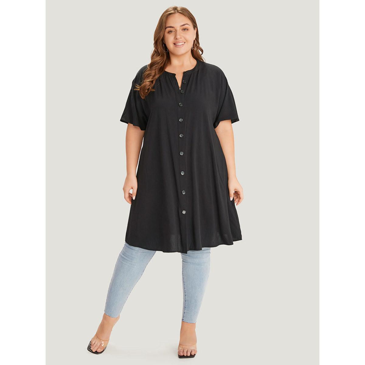 Plus Size Supersoft Essentials Plain Button Through Dolman Sleeve Ruffle Hem Kimono Women Black Casual Plain Pocket Dailywear Kimonos BloomChic 18-20/2X Product Image