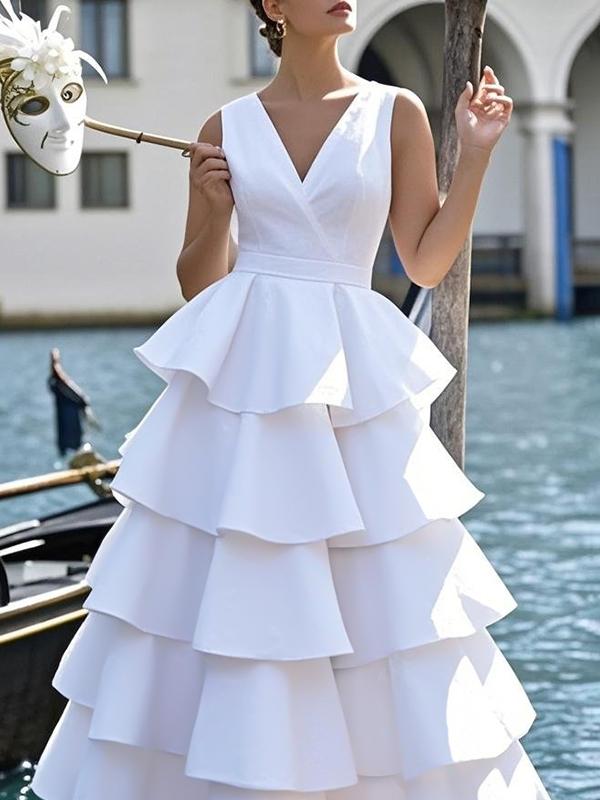 A-Line High Waisted Layered Solid Color V-Neck Maxi Dresses Product Image