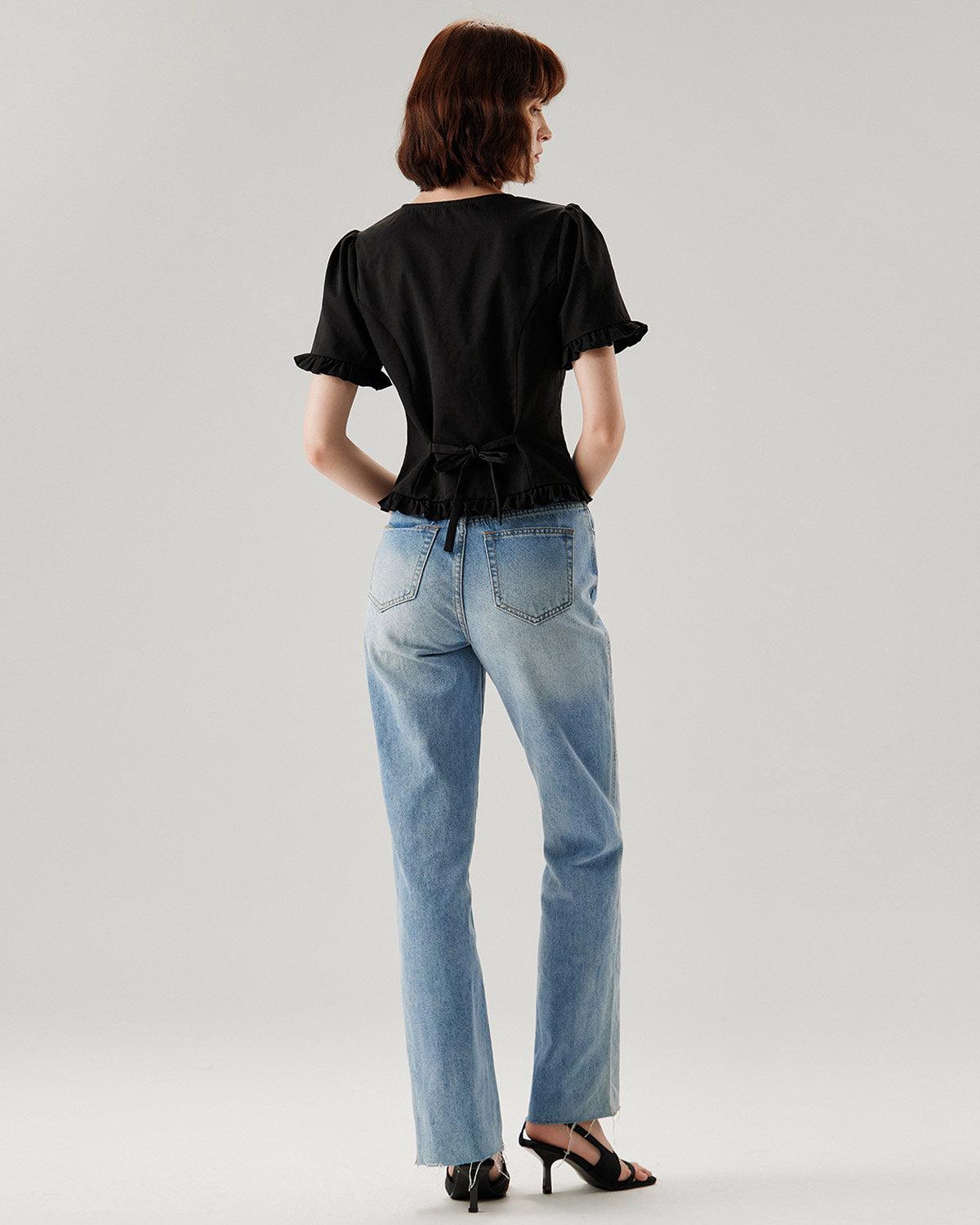 Black V-Neck Ruffle Puffed Sleeve Blouse Product Image