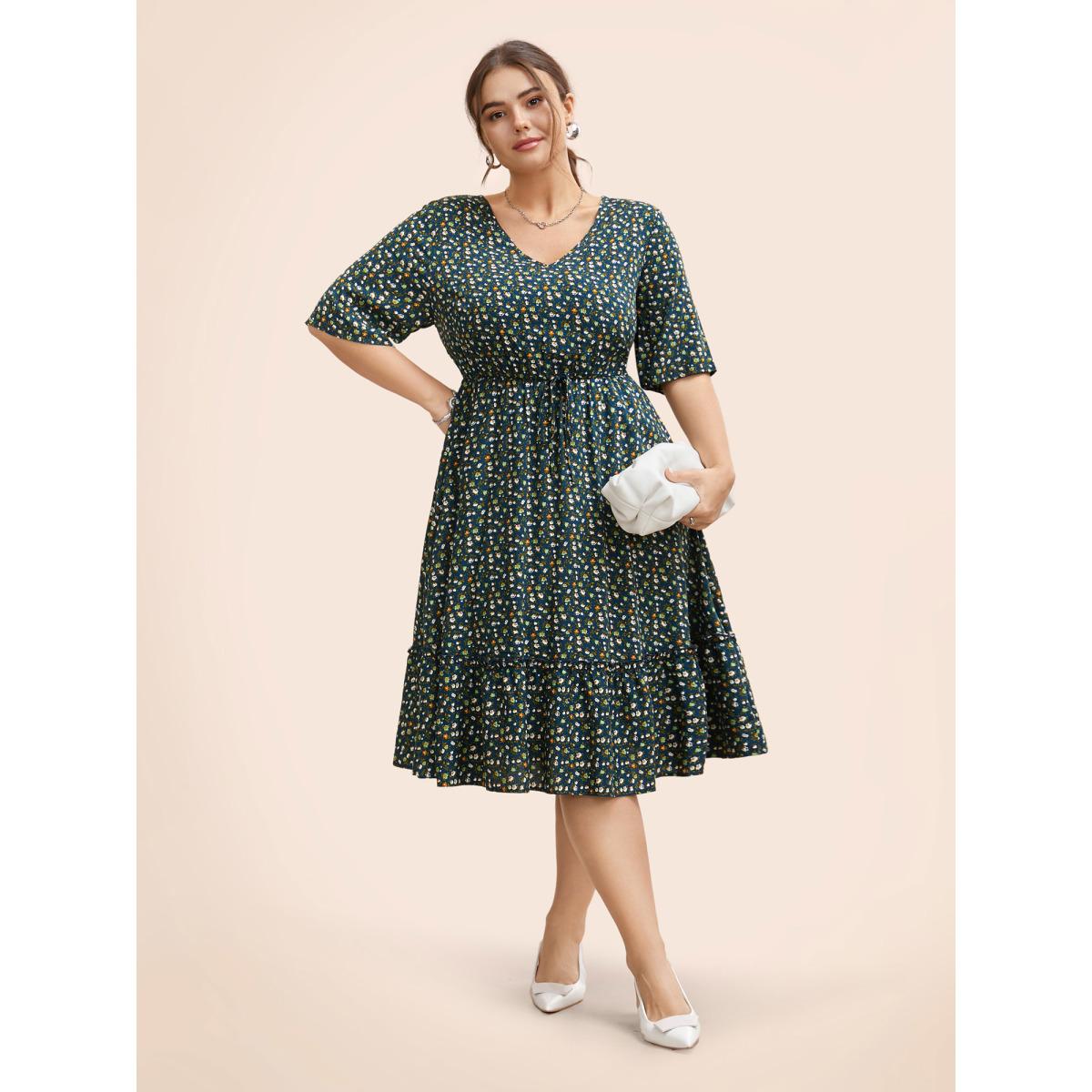 Plus Size Ditsy Floral Frill Trim Tie Knot Dress Aegean Women Elegant Frill Trim V-neck Half Sleeve Curvy BloomChic 28/5X Product Image