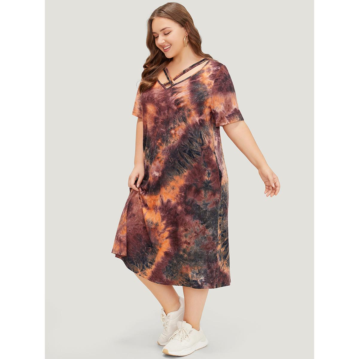 Plus Size Tie Dye Pocket Crisscross Neck Dress Multicolor Women Casual Tie Dye V-neck Short sleeve Curvy Midi Dress BloomChic 12/L Product Image