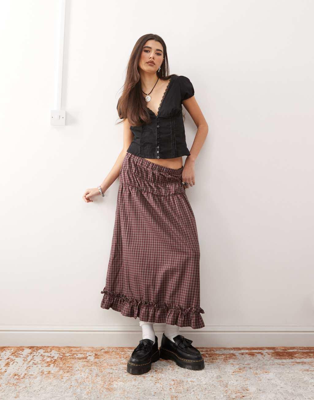 Reclaimed Vintage prairie midi skirt with ruffle hem and shirring in burgundy check Product Image