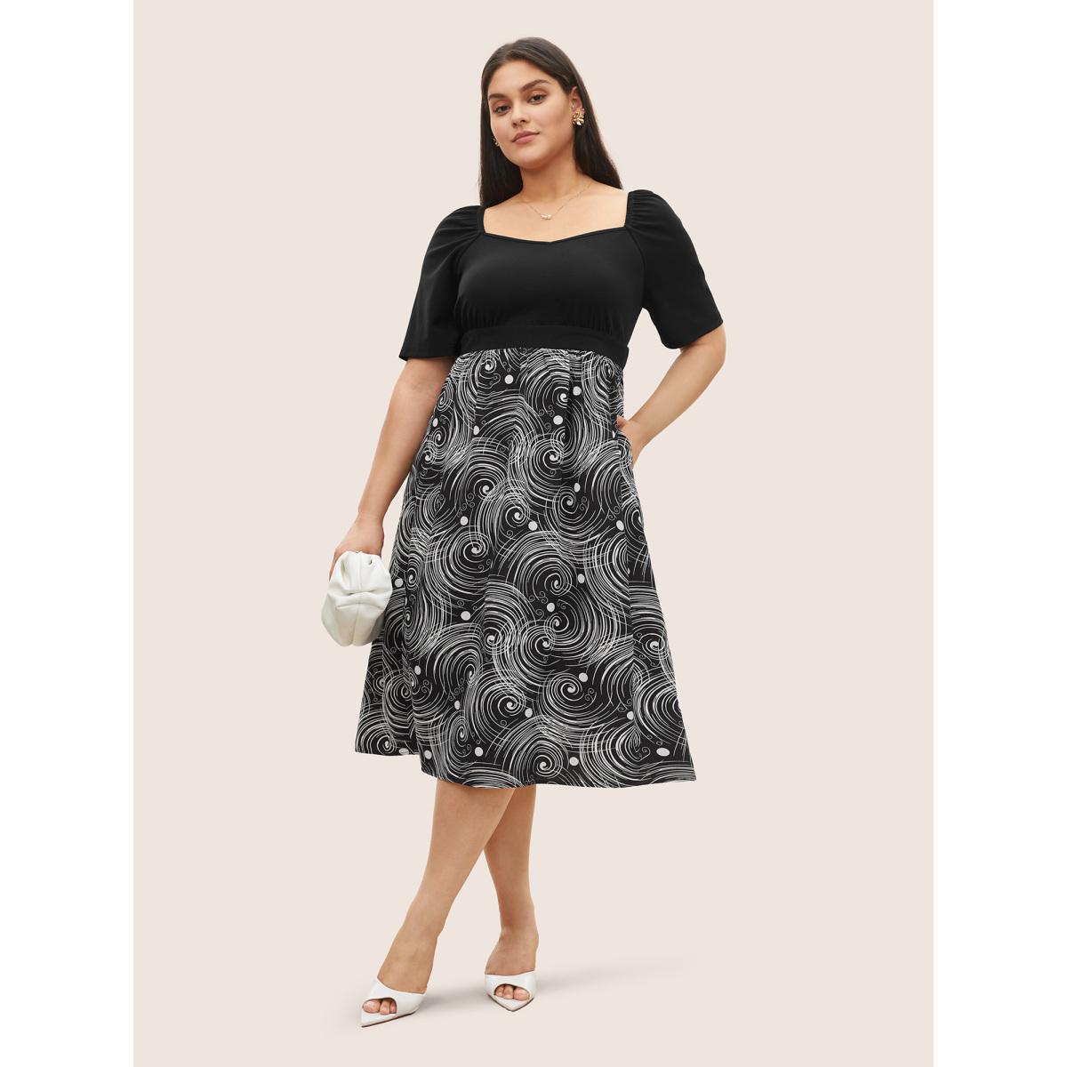 Plus Size Figurative Print Patchwork Pleated Square Neck Dress Black Women At the Office Gathered Square Neck Short sleeve Curvy Midi Dress BloomChic 14-16/1X Product Image
