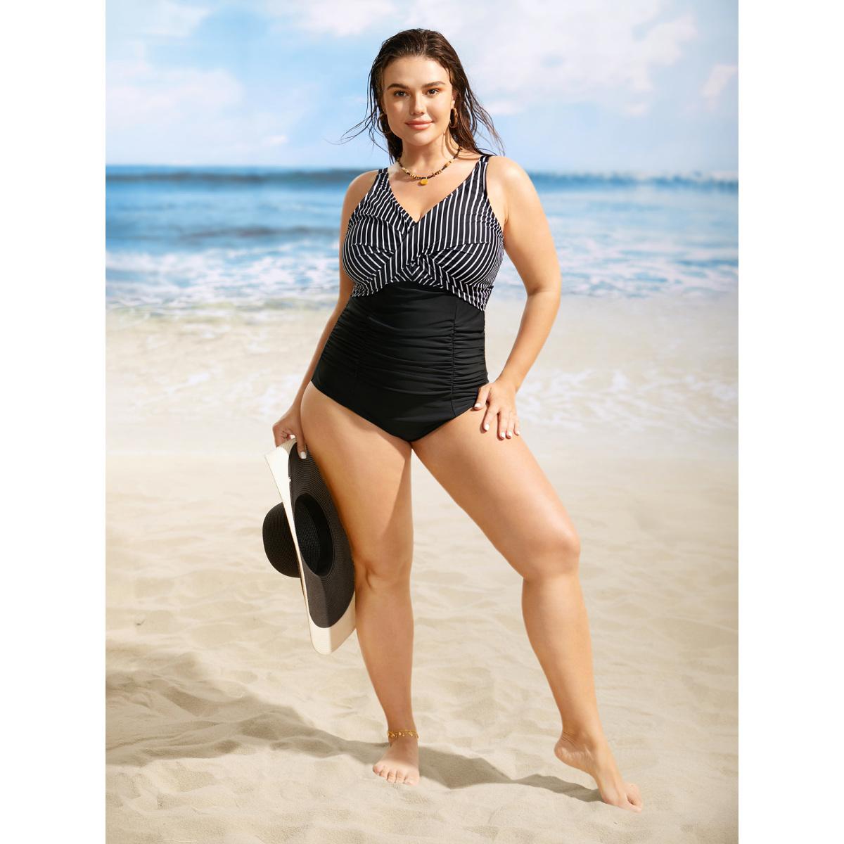 Plus Size V Neck Striped Patchwork Ruched One Piece Swimsuit Women's Swimwear Black Beach Twist Curve Bathing Suits High stretch One Pieces BloomChic 26/4X Product Image