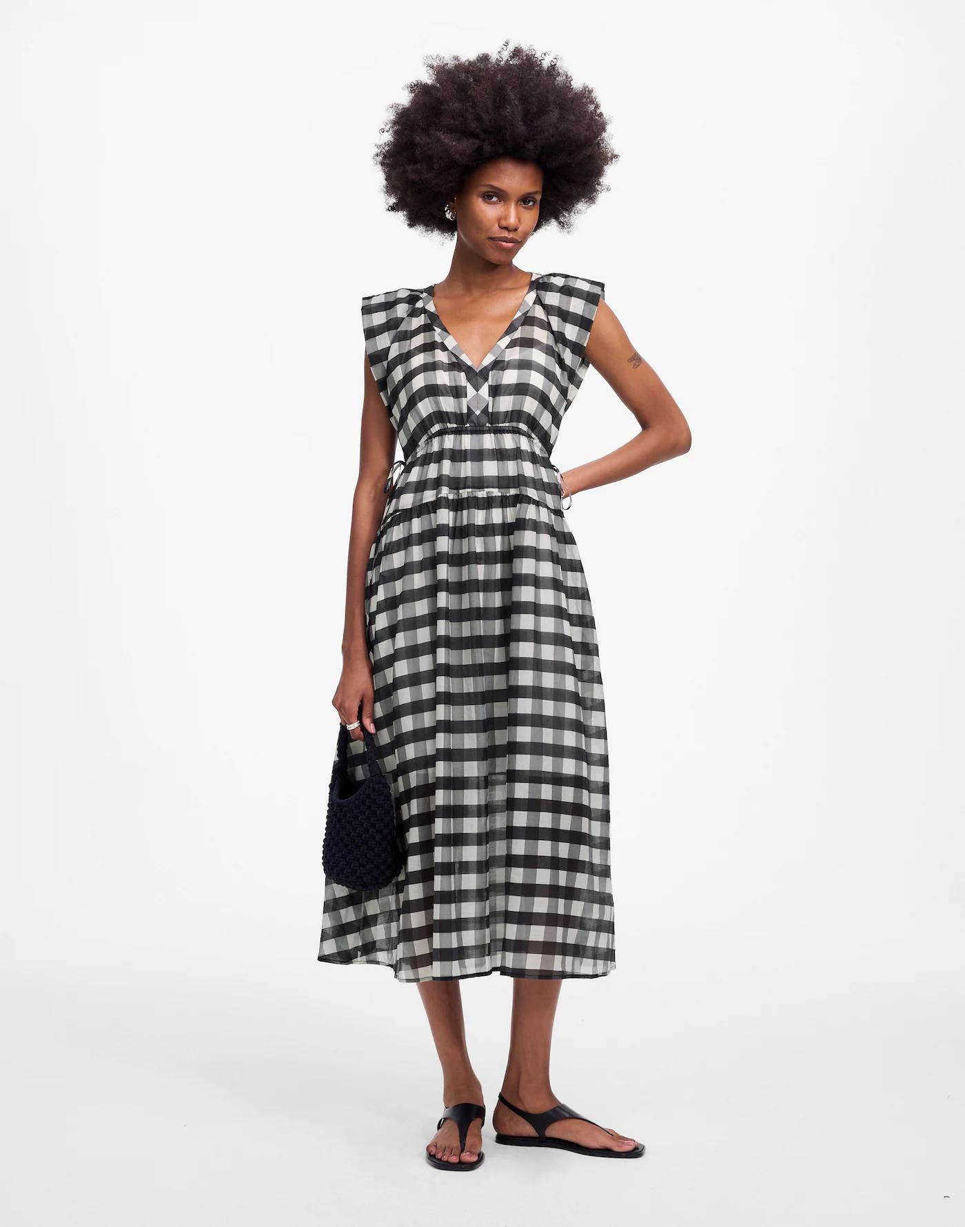 Sheer V-Neck Dolman Maxi Dress in Gingham Product Image