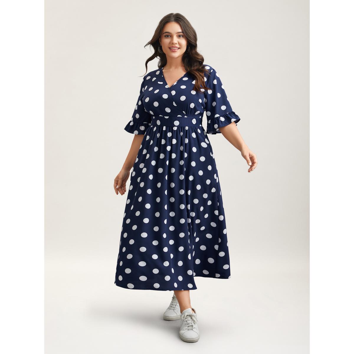 Plus Size Polka Dots Surplice Neck Waist-Cinched Dress Navy Women Elegant Ruffles Overlap Collar Elbow-length sleeve Curvy BloomChic 22-24/3X Product Image