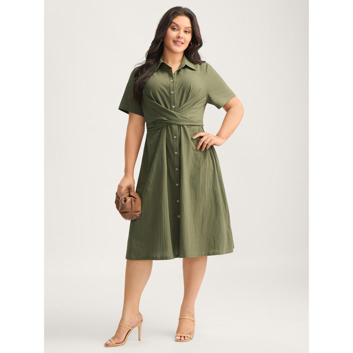 Plus Size Cotton Back-Tie Overlap Shirt Dress ArmyGreen Women Office Tie knot Shirt collar Short sleeve Curvy BloomChic 22-24/3X Product Image