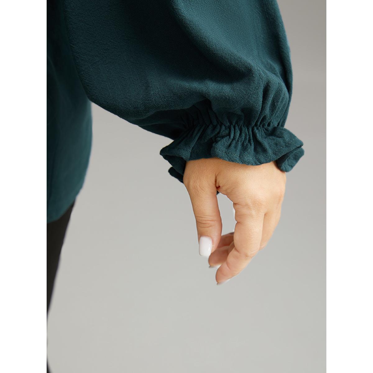 Plus Size Cyan Plain Raglan Sleeve Plicated Detail Blouse Women Office Long Sleeve V-neck Office Blouses BloomChic 14-16/1X Product Image