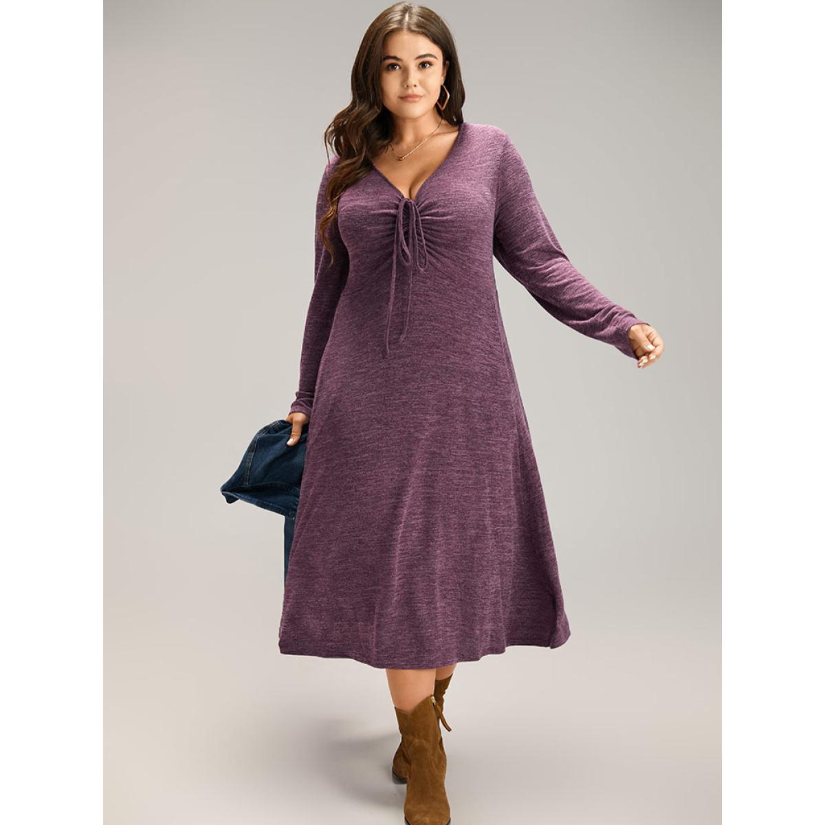 Plus Size Solid Ruched Drawstring Bowknot Pocket Dress Purple Women Casual Gathered Tie Neck Long Sleeve Curvy Midi Dress BloomChic 26/4X Product Image