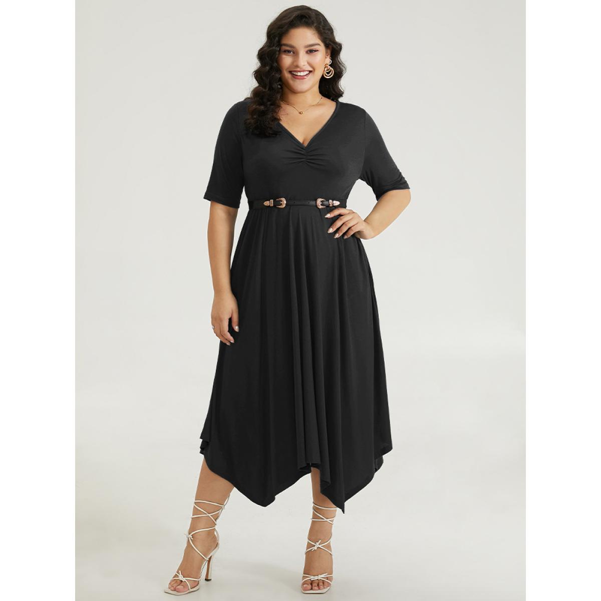Plus Size Solid Ruched Pocket Asymmetrical Hem Dress Black Women Elegant Gathered V-neck Short sleeve Curvy Midi Dress BloomChic 28/5X Product Image