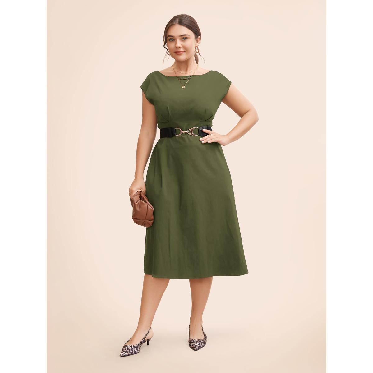 Plus Size Stretch Woven Cowl Neckline Midi Dress Black Women Workwear Essentials Pleated Boat Neck Cap Sleeve Curvy BloomChic 10/M Product Image