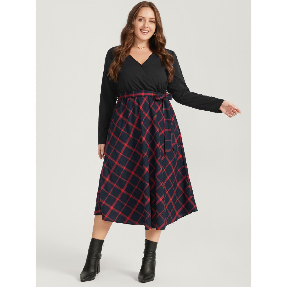 Plus Size Plaid Patchwork Pocket Belted Surplice Neck Dress Scarlet Women Elegant Belted V-neck Long Sleeve Curvy Midi Dress BloomChic 22-24/3X Product Image