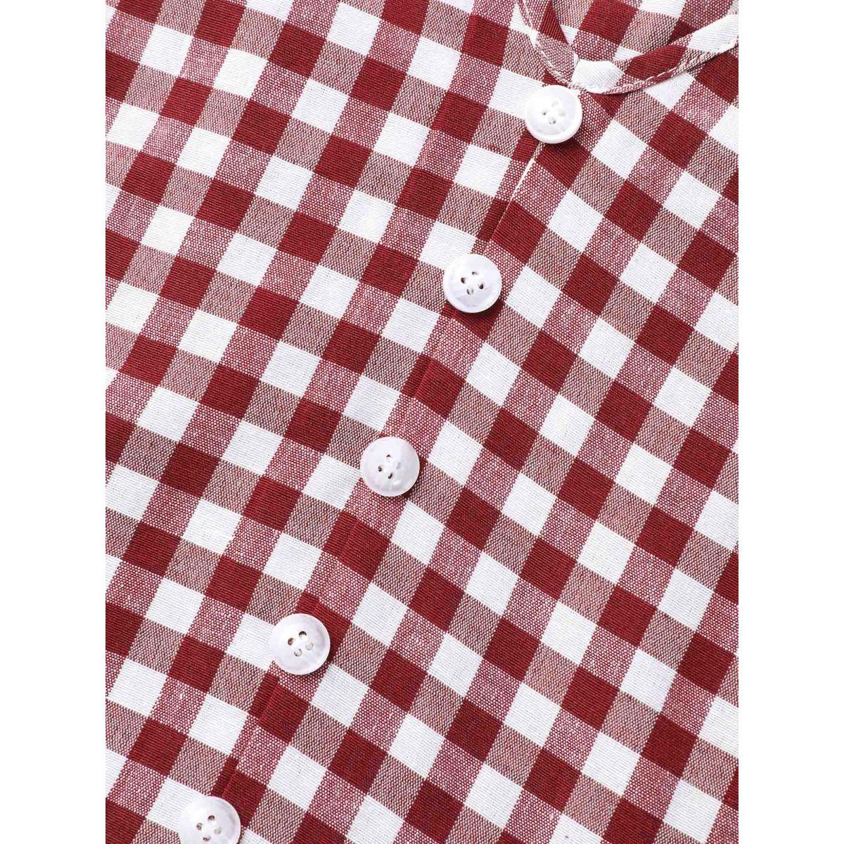 Plus Size Crimson Plaid Hi-Low Hem Button Shirt Women Casual Short sleeve V-neck Everyday Blouses BloomChic 22-24/3X Product Image