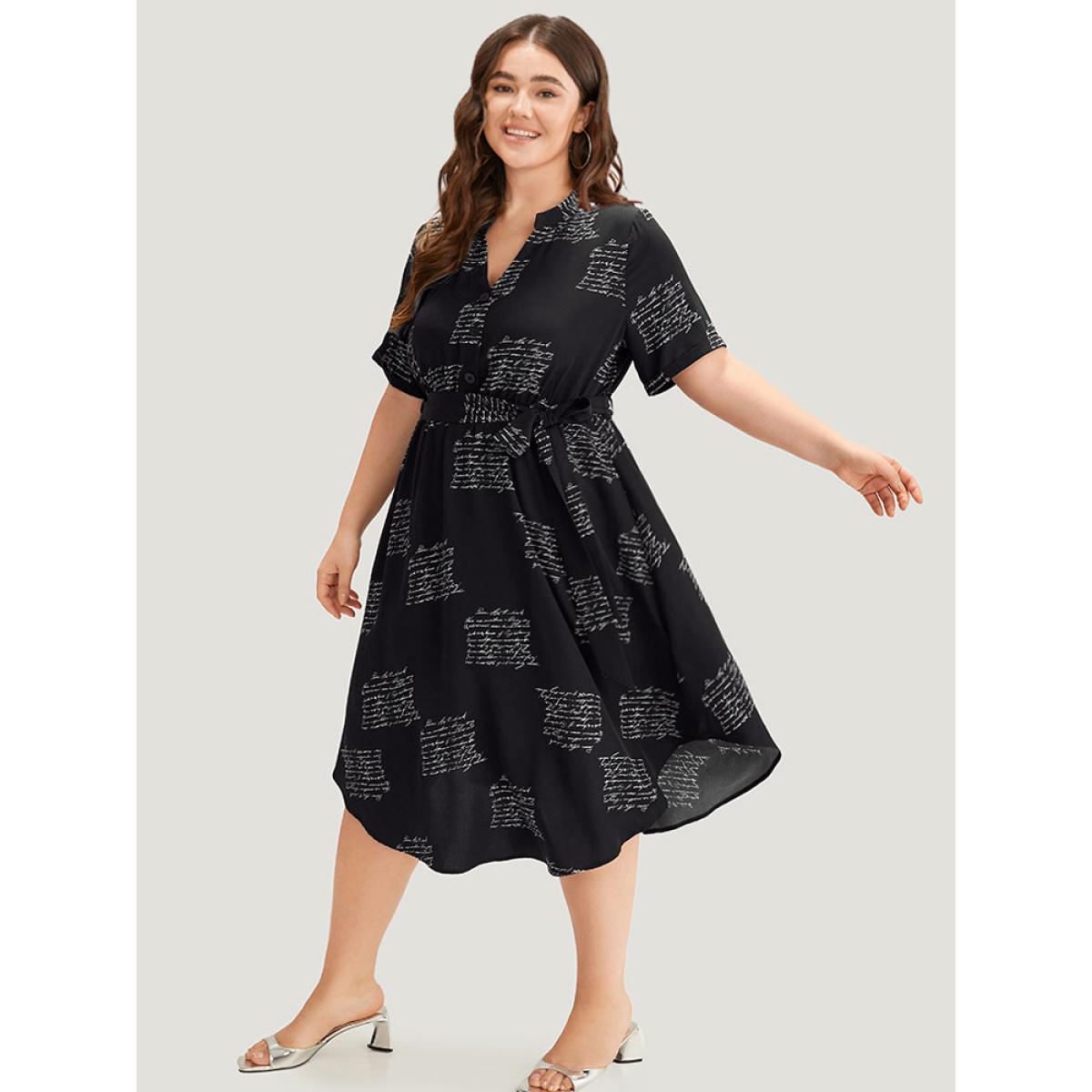 Plus Size Letter Print Notched Belted Arc Hem Dress Black Women Office Belted Mock Neck Short sleeve Curvy Midi Dress BloomChic 30/6X Product Image