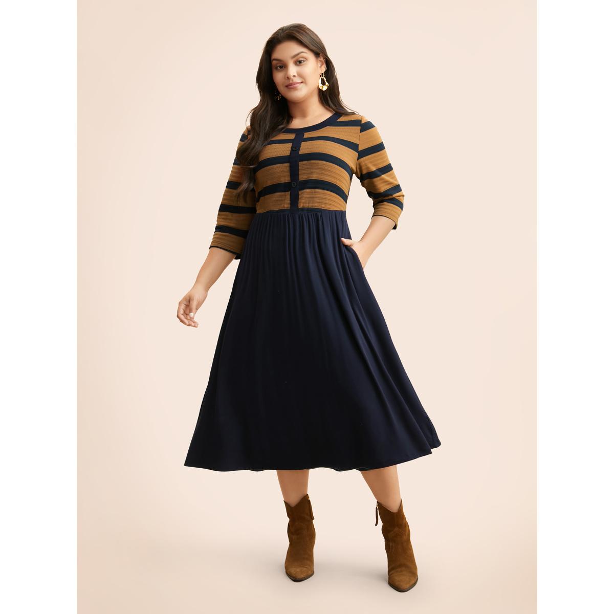 Plus Size Striped Contrast Elastic Waist Dress Yellowishbrown Women Casual Contrast Round Neck Elbow-length sleeve Curvy BloomChic 26/4X Product Image