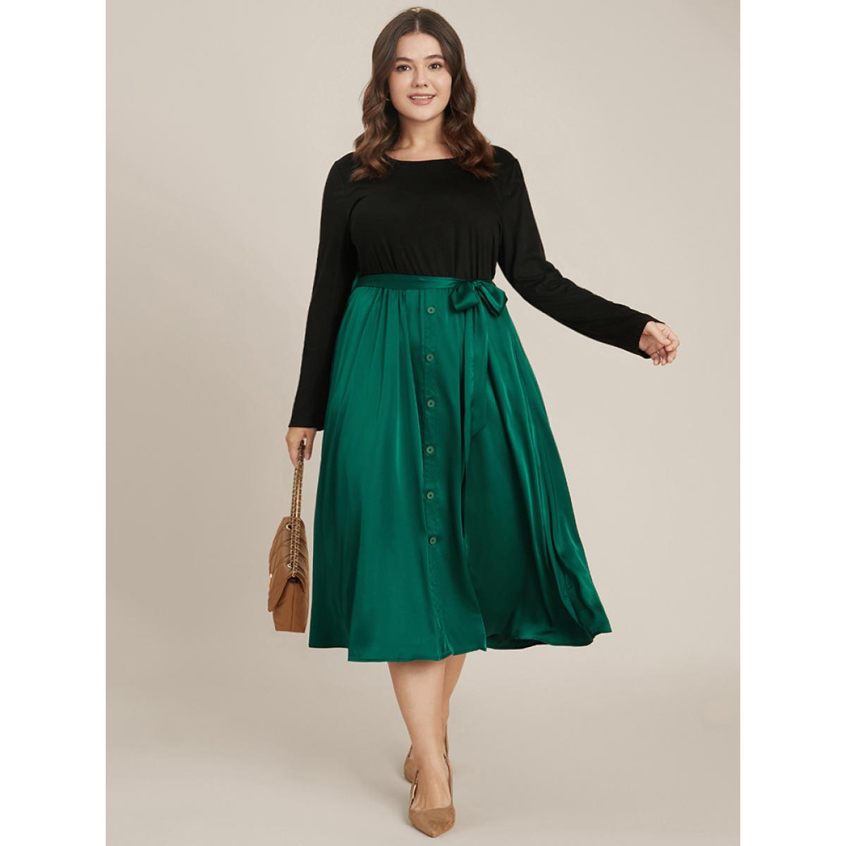 Plus Size Solid Round Neck Pocket Button Detail Belted Satin Dress DarkGreen Women Office Patchwork Round Neck Long Sleeve Curvy Midi Dress BloomChic 26/4X Product Image