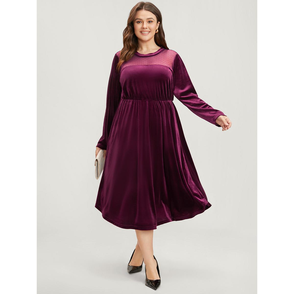 Plus Size Solid Mesh Patchwork Pocket Velvet Arc Hem Dress Burgundy Women Party See through Round Neck Long Sleeve Curvy Midi Dress BloomChic 26/4X Product Image