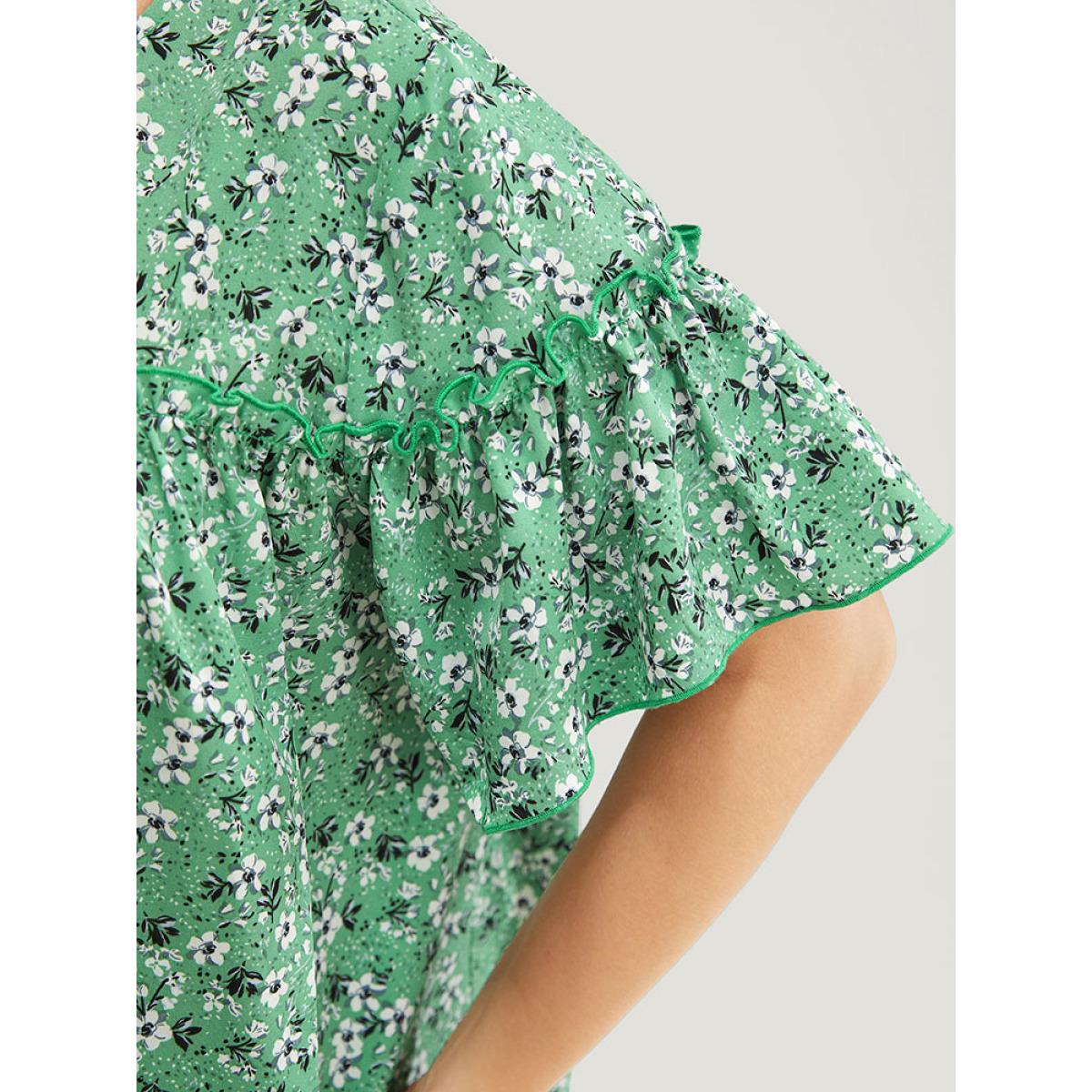 Plus Size Mint Ditsy Floral Frill Trim Gathered Ruffle Sleeve Blouse Women Elegant Short sleeve Round Neck Dailywear Blouses BloomChic 12/L Product Image