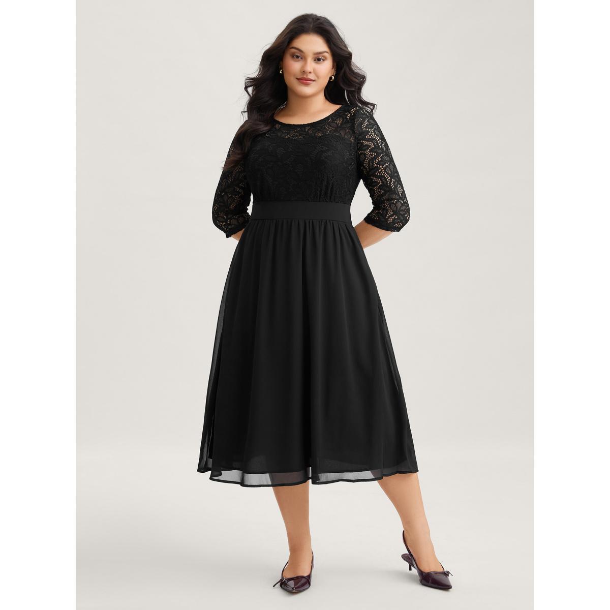 Plus Size Lace Patchwork Shirred Midi Pocket Dress Black Women Formal Woven ribbon&lace trim Round Neck Elbow-length sleeve Curvy BloomChic 22-24/3X Product Image