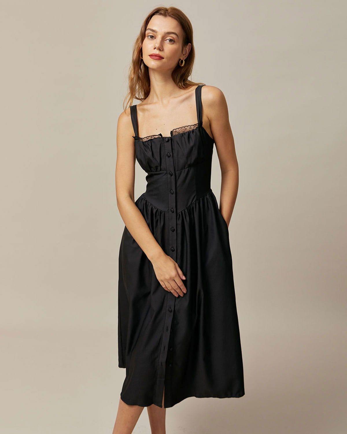 The Black Square Neck Lace Cami Midi Dress Product Image