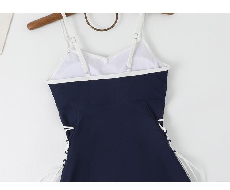 Set: Spaghetti Strap Lettering Contrast Trim Lace-Up Swim Dress + Long-Sleeve Plain Crop Cover Up Product Image