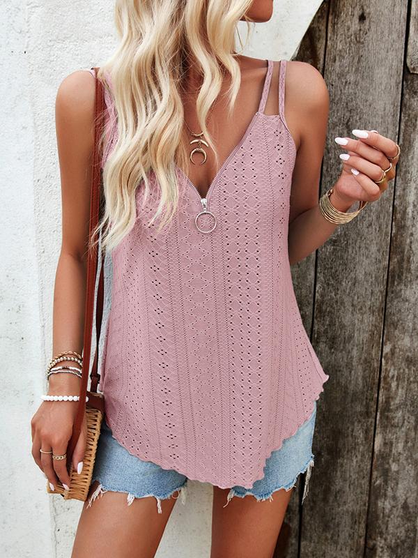 Loose Sleeveless Jacquard Solid Color Zipper Spaghetti-Neck Vest Top Product Image