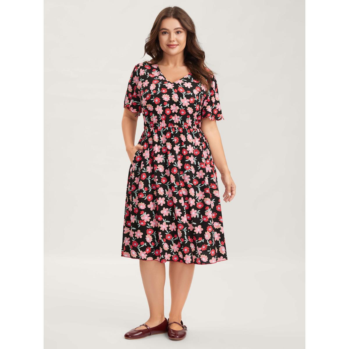 Plus Size Floral Radiance Flared Scalloped Sleeve Midi Dress BlackFlower Women V-neck Short sleeve Curvy BloomChic 28/5X Product Image