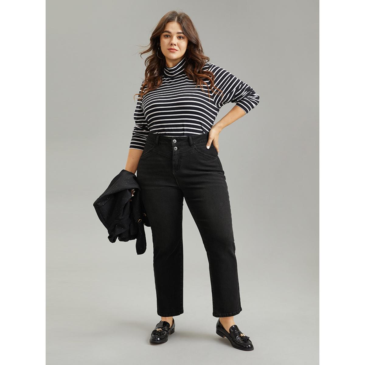 Plus Size Vintage Black Wash High Rise Straight Leg Jeans Women DimGray Casual Plain Plain High stretch Pocket Jeans BloomChic 28/5X Product Image