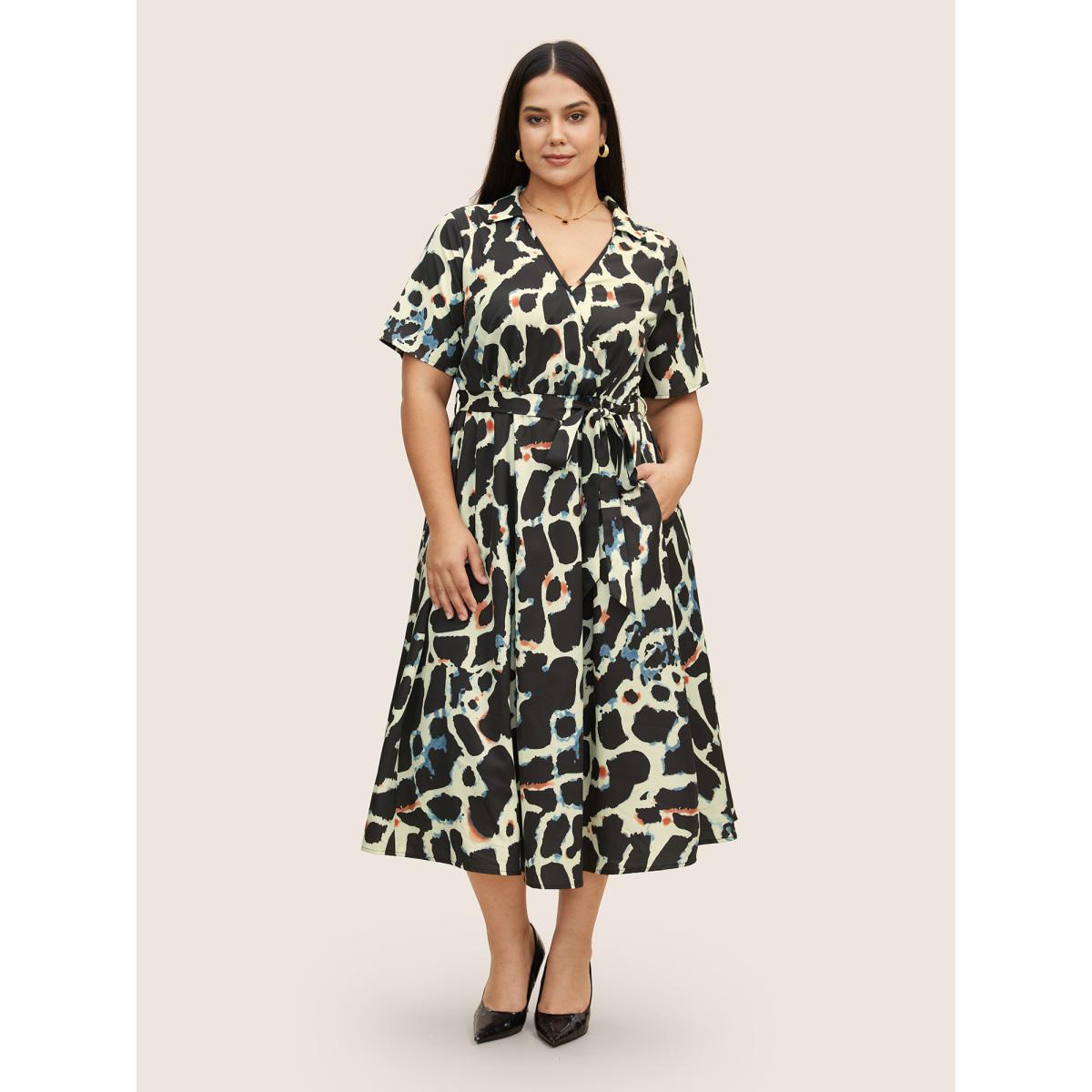 Plus Size Overlap Collar Geometric Belted Dress Black Women At the Office Overlapping Overlap Collar Short sleeve Curvy BloomChic 18-20/2X Product Image