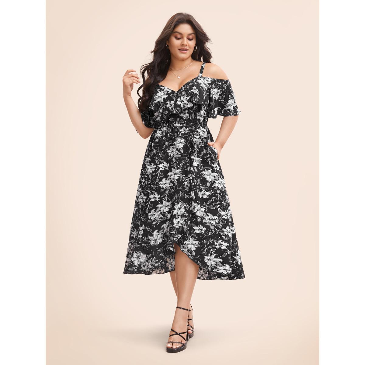Plus Size Floral Heart Neckline Ruffle Trim Dress Black Women Elegant Ruffles Heart neckline Short sleeve Curvy BloomChic 30/6X Product Image