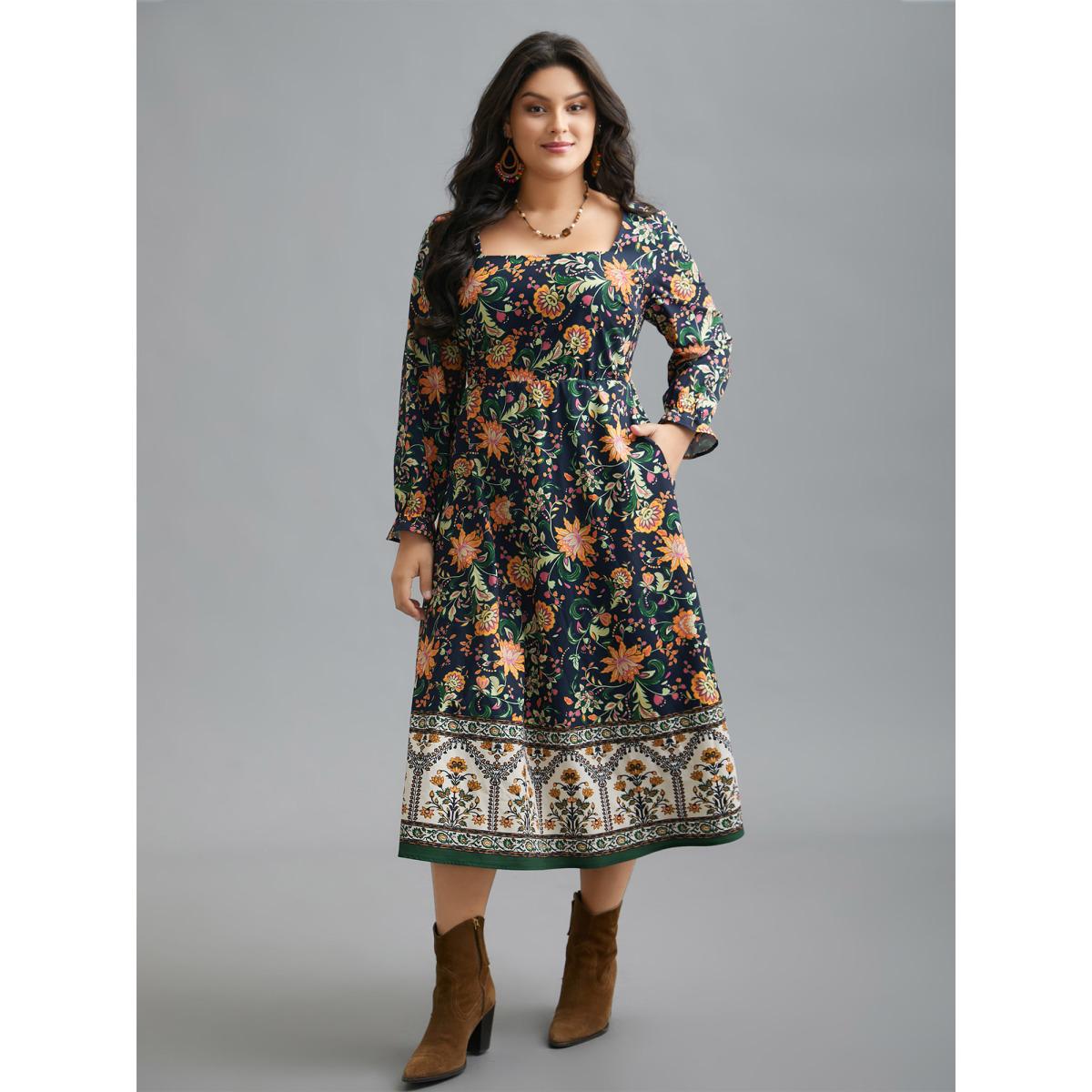 Plus Size Square Neck Floral Boho Print Midi Dress Black Women Resort Ruffles Square Neck Long Sleeve Curvy BloomChic 10/M Product Image