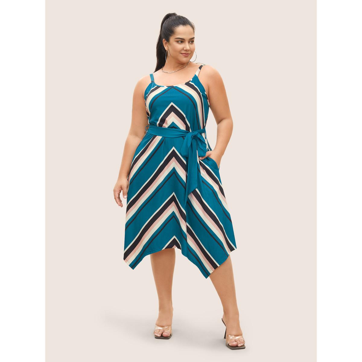 Plus Size Striped Geometric Belted Adjustable Straps Dress Cerulean Women Casual Non U-neck Sleeveless Curvy Midi Dress BloomChic 14-16/1X Product Image