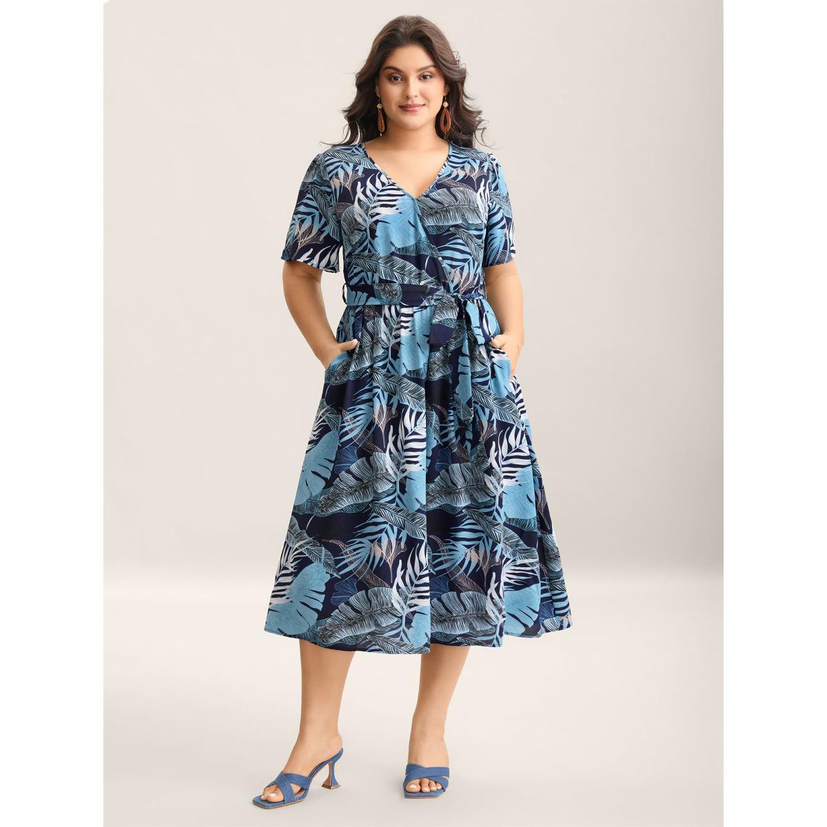 Plus Size Tropical Leaf Print Pockets Belted Midi Dress DarkBlue Women Overlap Collar Short sleeve Curvy BloomChic 18-20/2X Product Image