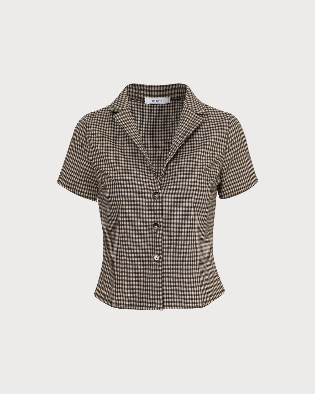 The Brown Lapel Plaid Short Sleeve Blouse Product Image