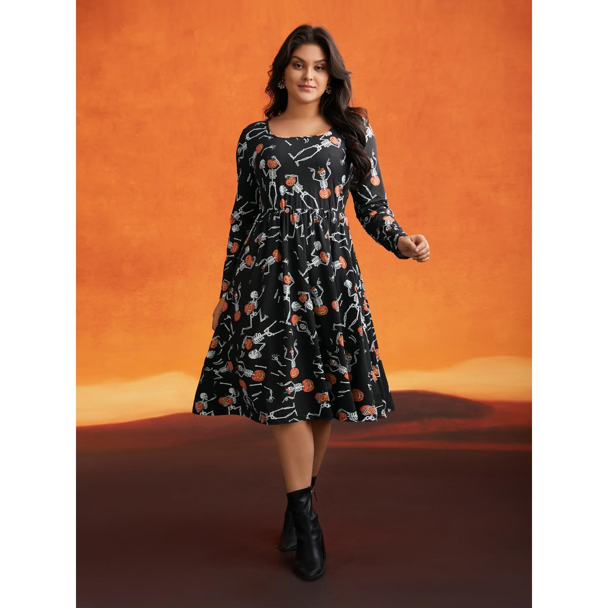 Plus Size Pumpkin Skeleton Elastic Waist Midi Dress Black Women Cocktail Non Party Curvy Bloomchic 10/M Product Image