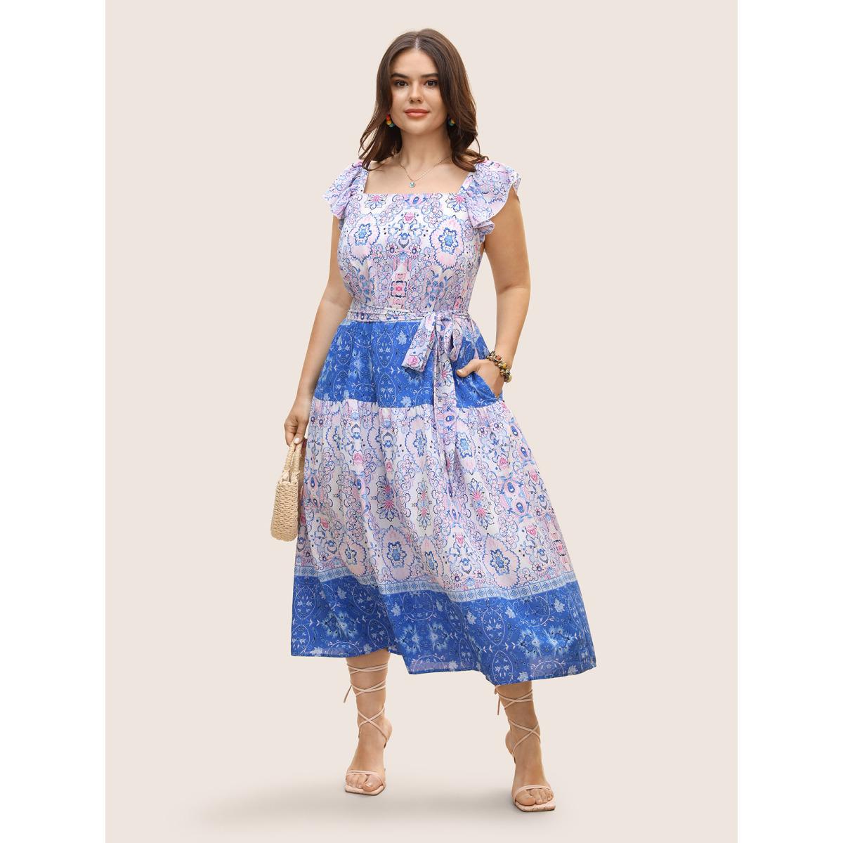 Plus Size Boho Print Ruffle Sleeve Belted Midi Dress Bluepurple Women Resort Belted Non Short sleeve Curvy BloomChic 26/4X Product Image