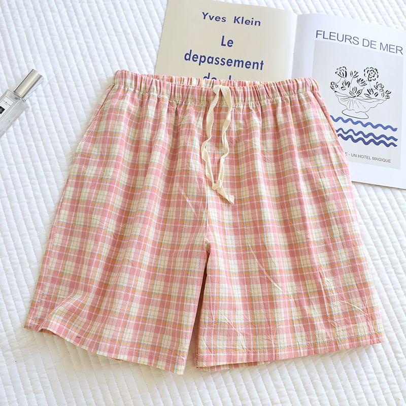 Drawstring Waist Plaid Lounge Shorts Product Image